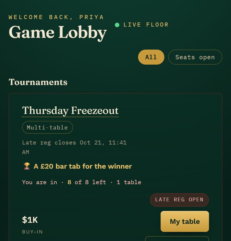 The lobby on a phone: Thursday Freezeout, multi-table, with its prize (a &pound;20 bar tab) on the card, late registration open, eight of eight left, and a My table button.