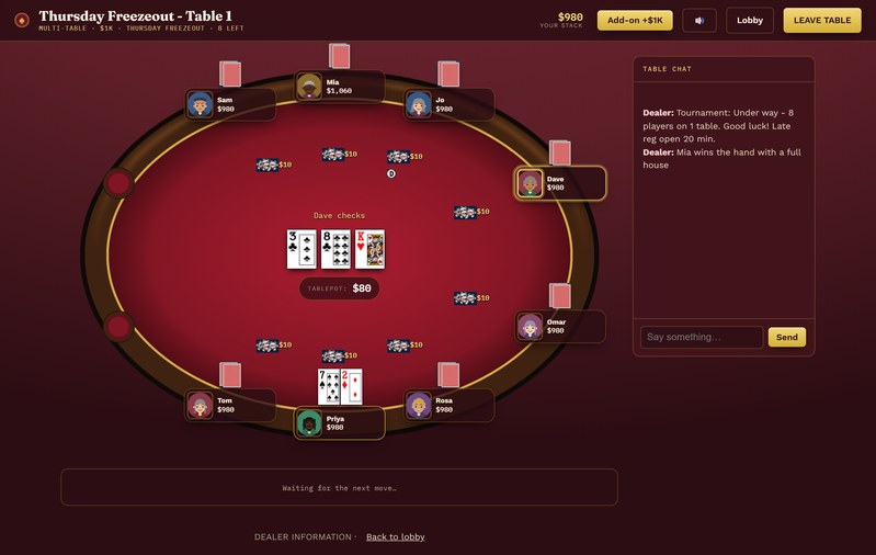 A table made over for a pub called The Jolly Gambler: its own burgundy oval table with a walnut rail and a gold line, its own empty-seat picture, its spade badge in the corner and the Monte Carlo colours, with eight players seated round the rail.