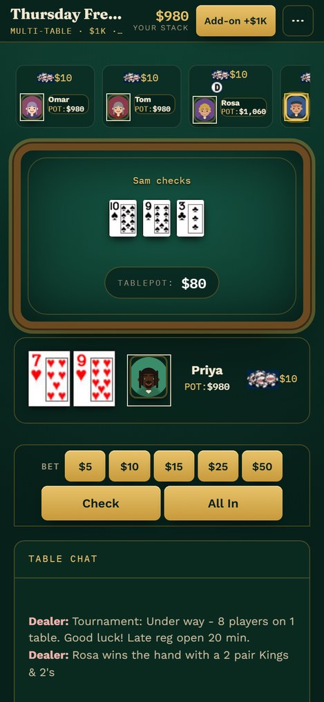 The same game on a player's phone: her two hole cards and the Check and Bet buttons.